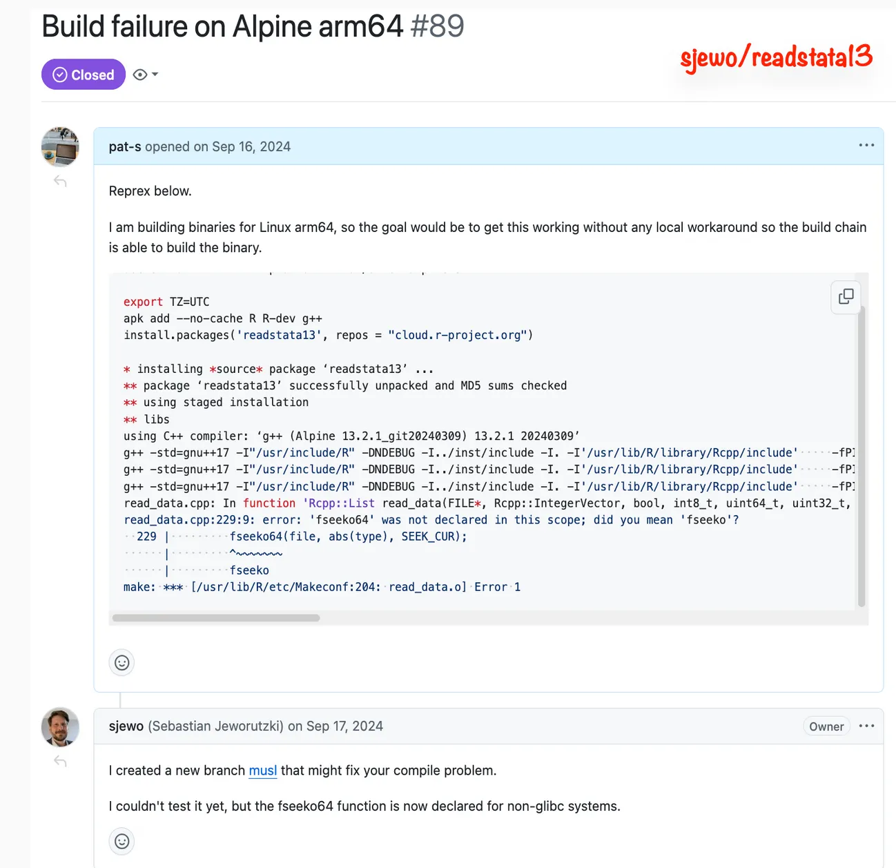 Discussion with R package author about C Code build fixes